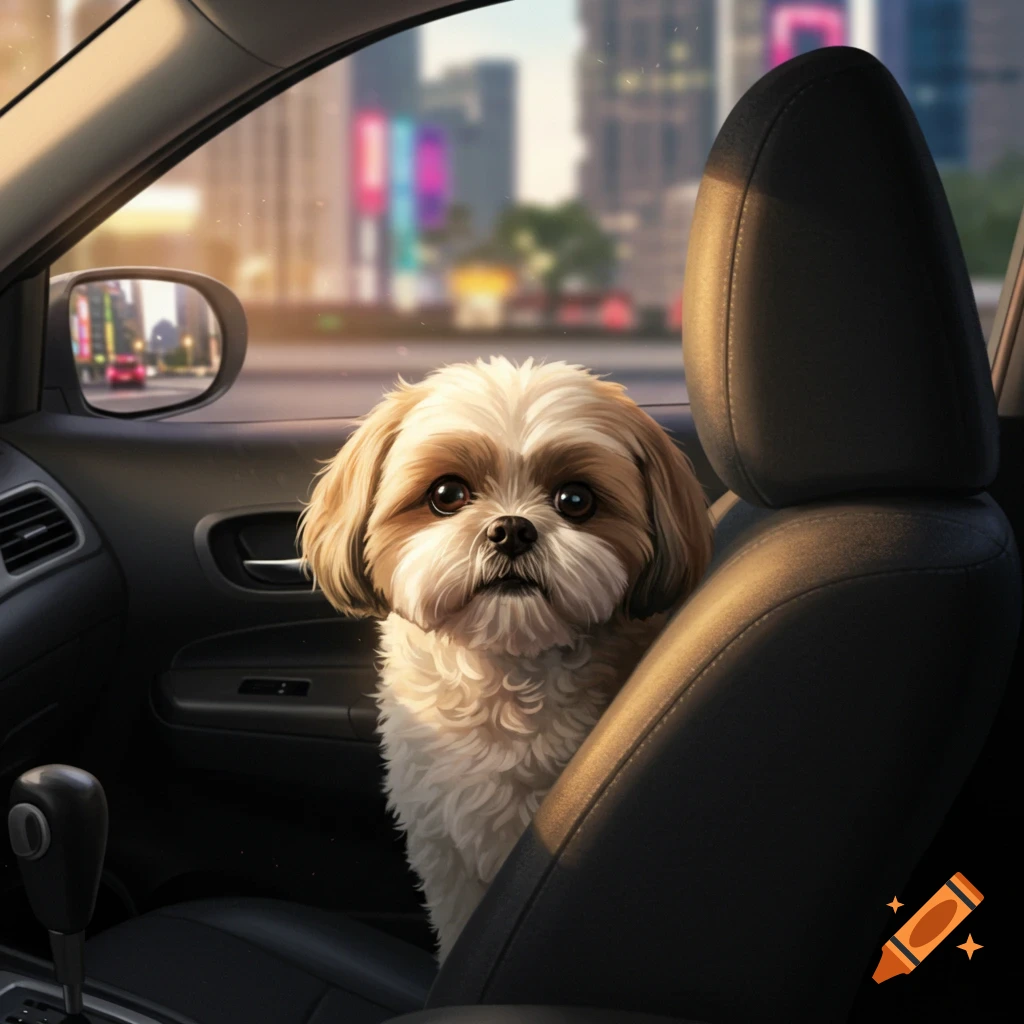 A fluffy Shih Tzu dog sitting in the passenger seat of a car, looking forward with a blurred city in the background, photorealistic style.