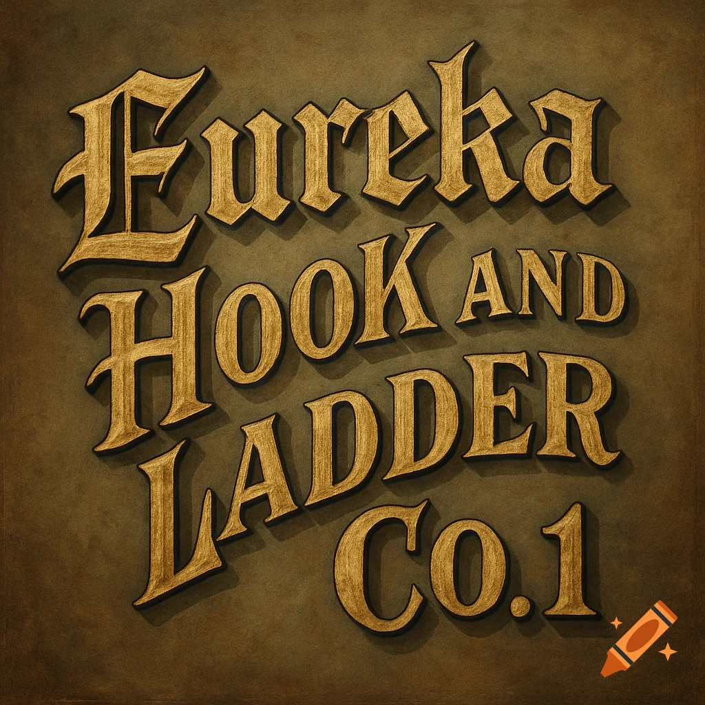 Gold old English style lettering for 'Eureka Hook and Ladder Co.1' on a textured brown background, angled slightly.