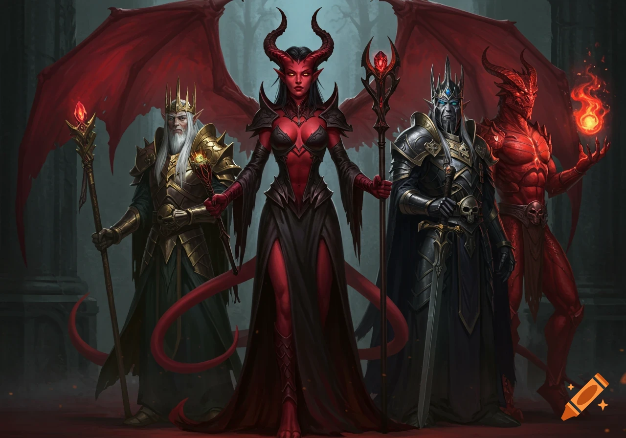 A red-skinned female devil with wings and horns stands with an elven king, a necromancer general, and a Dragonborn sorcerer in a dark setting.