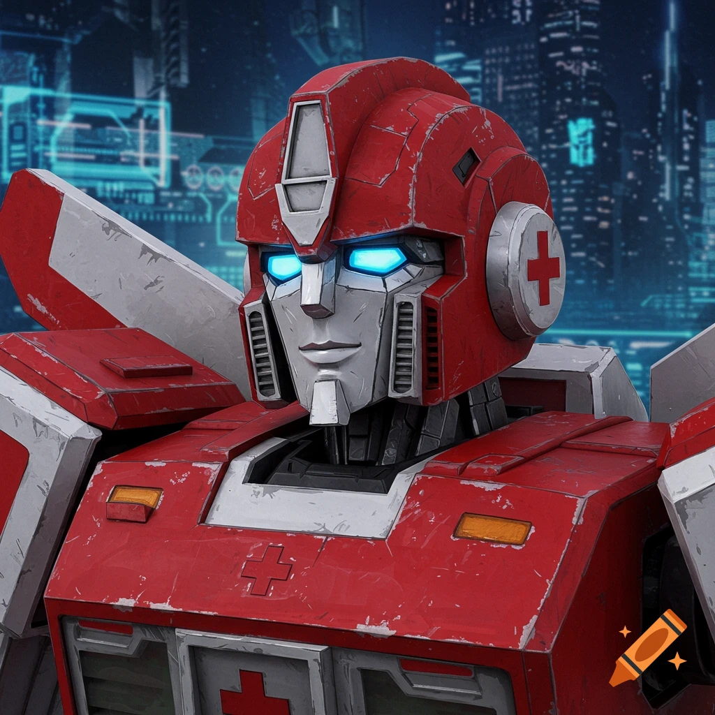Close-up of Ratchet, a red and white Transformers G1 Cybertronian medic with glowing blue eyes, against a sci-fi city.