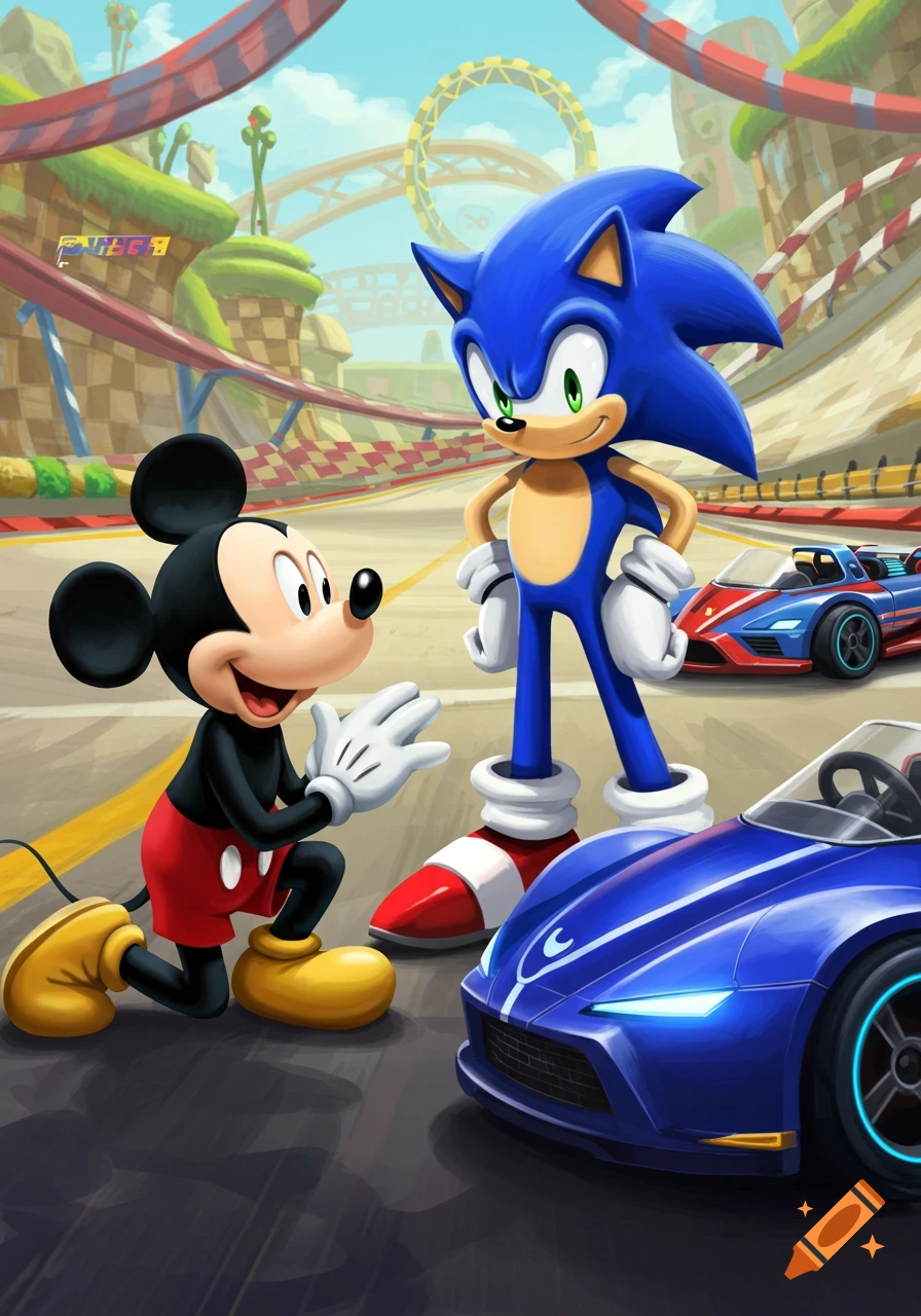 Mickey Mouse kneels before Sonic the Hedgehog on a race track with cars, an expressive cartoon style.