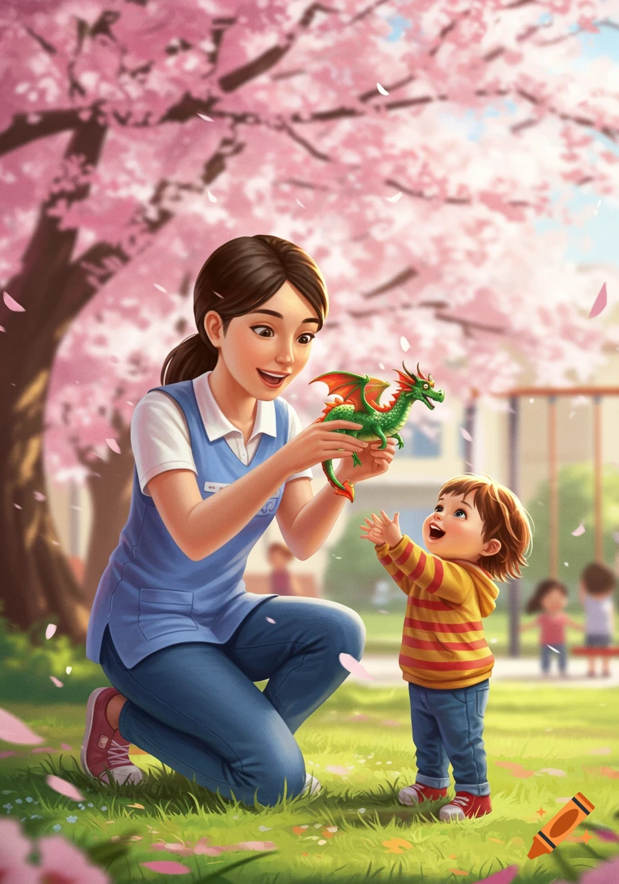 An illustrated caregiver kneels under a pink cherry blossom tree, holding a green toy dragon for a happy toddler.