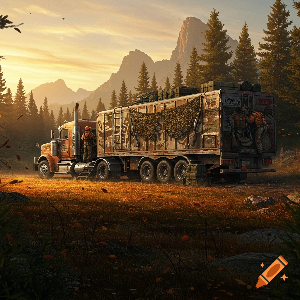 A photorealistic image of a rugged semi-trailer truck with hunters and camo netting, parked in an autumn forest with mountains at sunset.