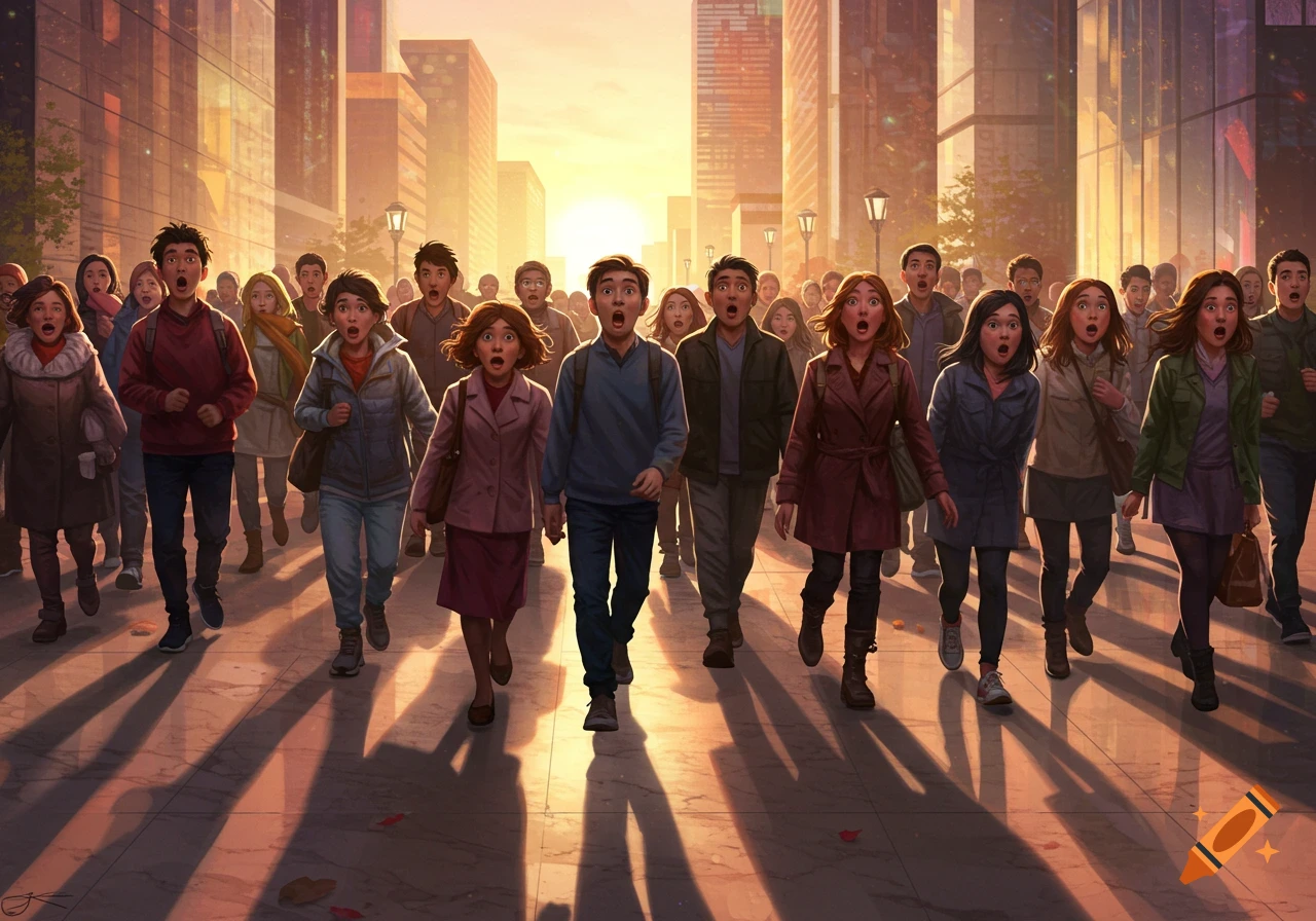 A large crowd of people with shocked expressions and open mouths walk down a city street at sunset, digital illustration.