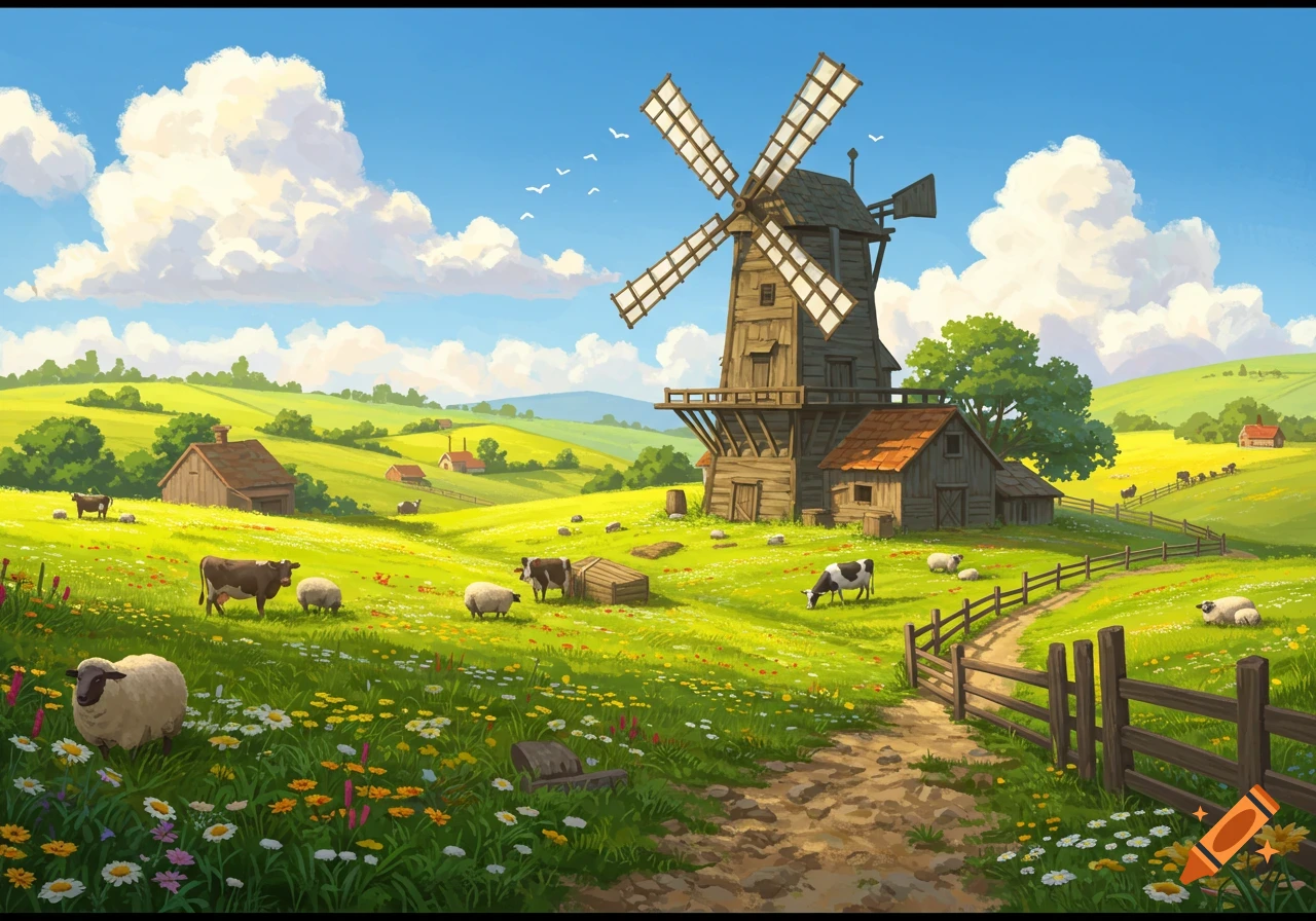 Stylized illustration of a vibrant rural landscape with a wooden windmill, farm animals grazing in green fields, and a dirt path.