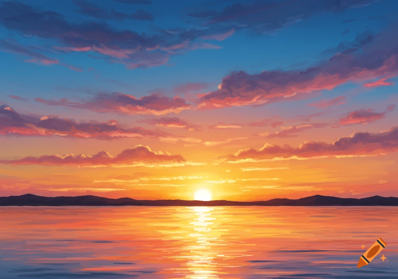 Digital painting of a vibrant sunset over a calm lake, with an orange sun, colorful clouds, and distant mountains.