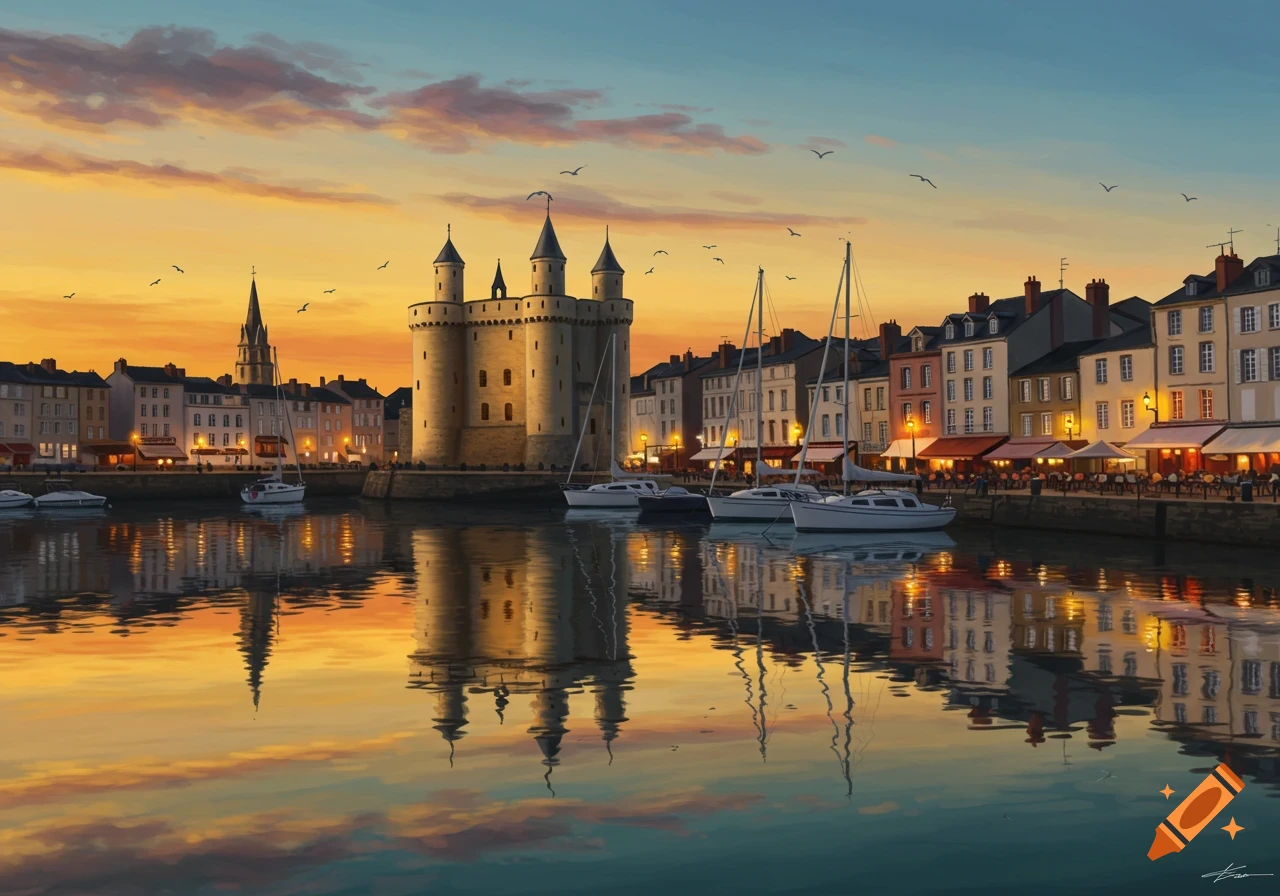 A scenic view of a harbor town with a medieval tower, sailboats, and colorful buildings reflecting in the water at sunset.