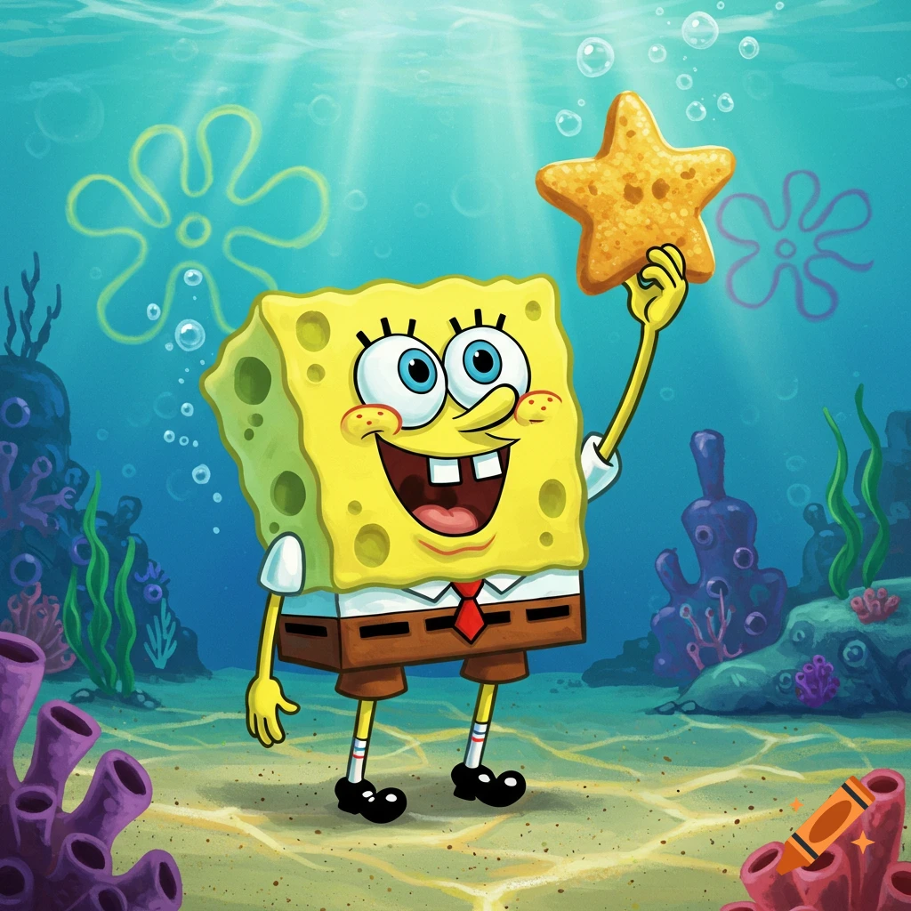 Spongebob Squarepants smiles happily underwater, holding up a golden star-shaped object.