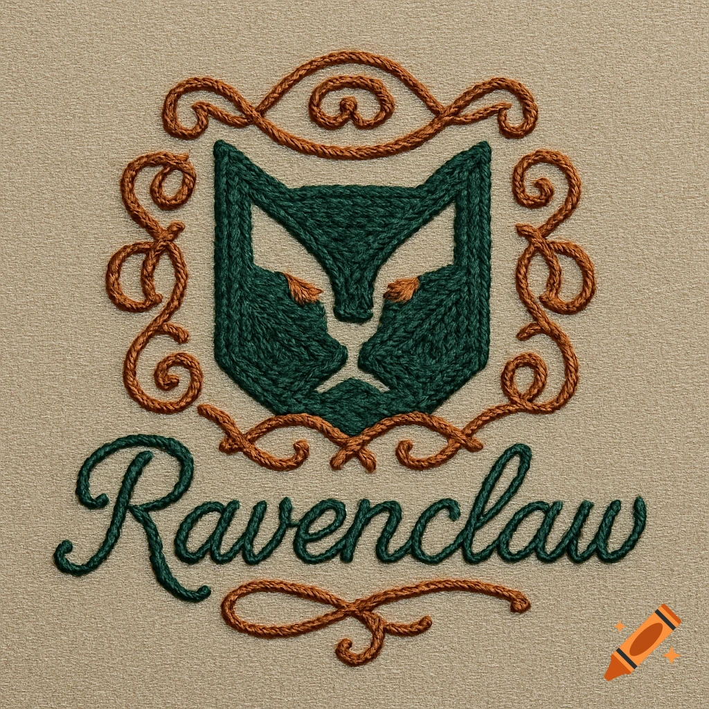 An embroidered crest with a stylized green animal head, possibly a raven or cat, surrounded by orange decorative swirls, above the green embroidered word "Ravenclaw" on a beige fabric background.