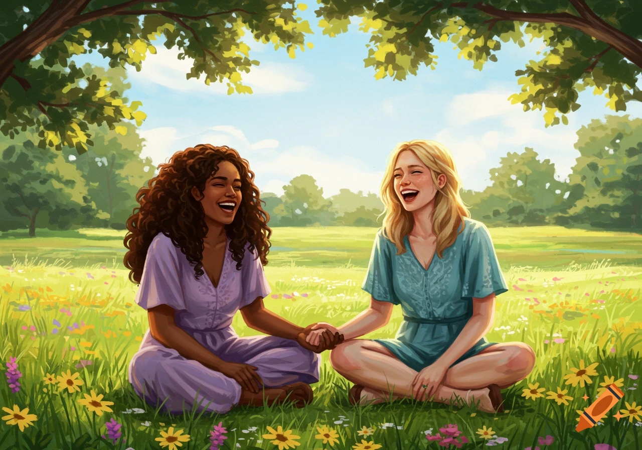 Two women, one with dark curly hair and one with blonde hair, sit cross-legged in a sunny meadow filled with wildflowers, holding hands and laughing.