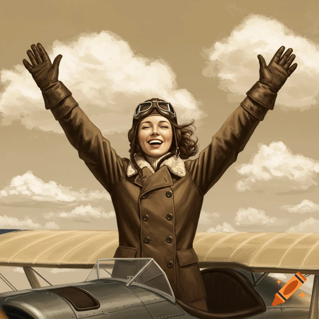 Smiling female pilot in vintage flight gear with arms raised triumphantly in a biplane against a cloudy sky.