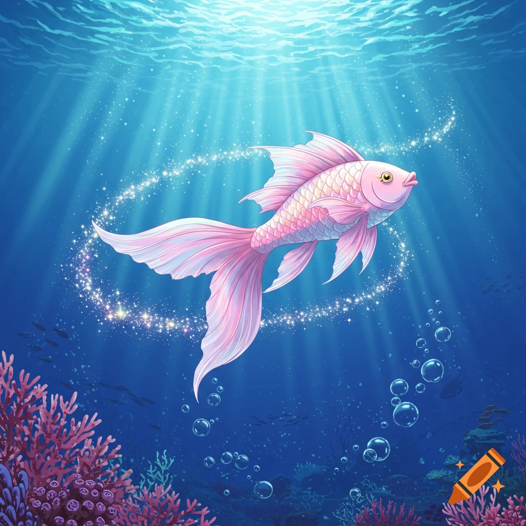 A vibrant pink fish with flowing fins swims in a sparkling blue ocean with sun rays and colorful coral.