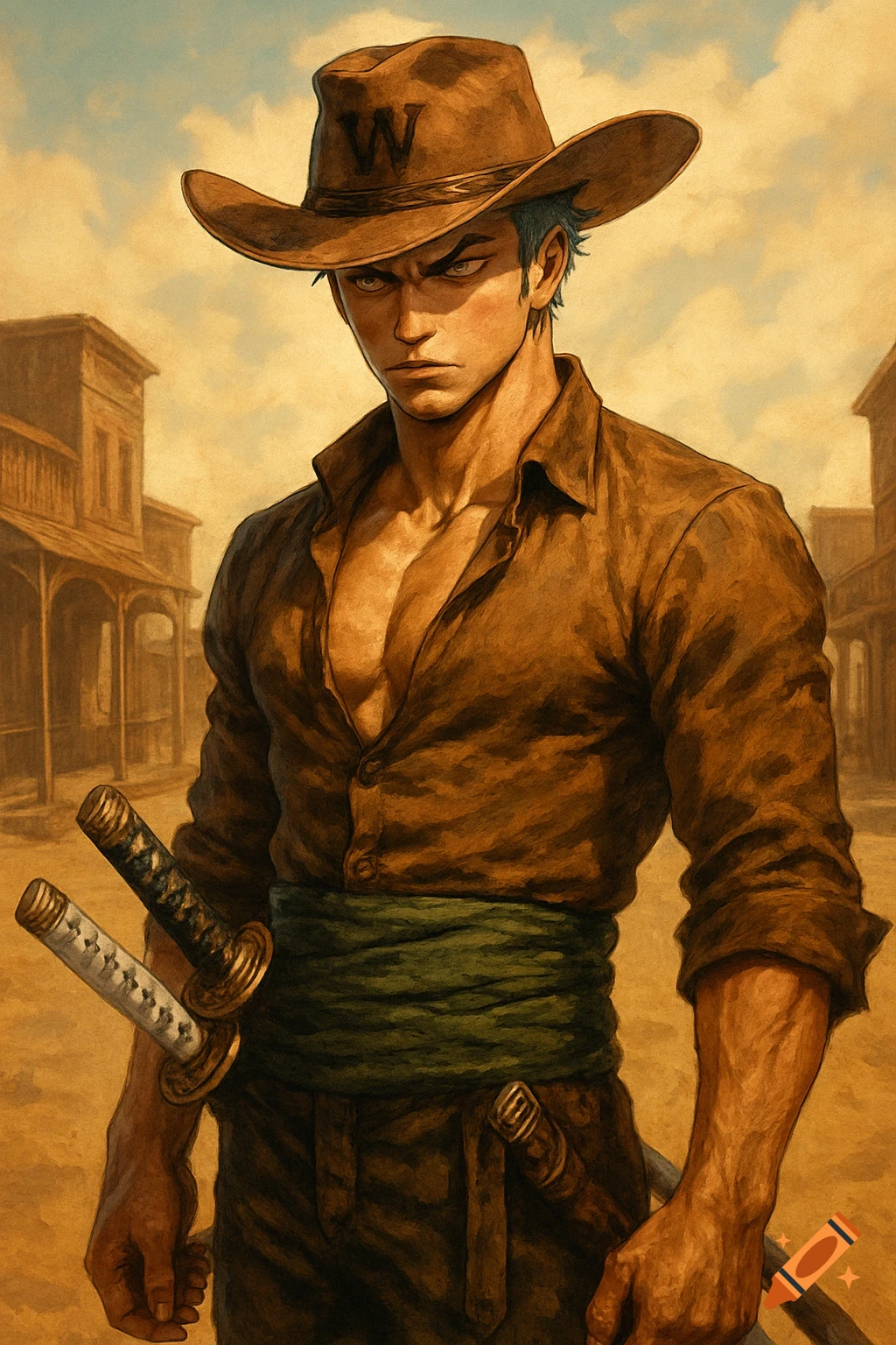 Roronoa Zoro in a cowboy hat with a 'W' and an open brown shirt, holding swords in a dusty western town.