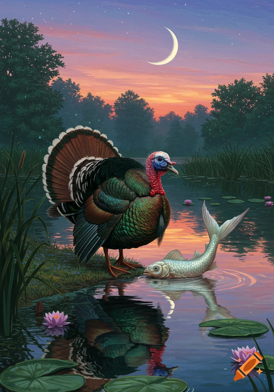 A stylized painting of a colorful turkey standing by a pond, looking at a fish half submerged, under a crescent moon at sunset.