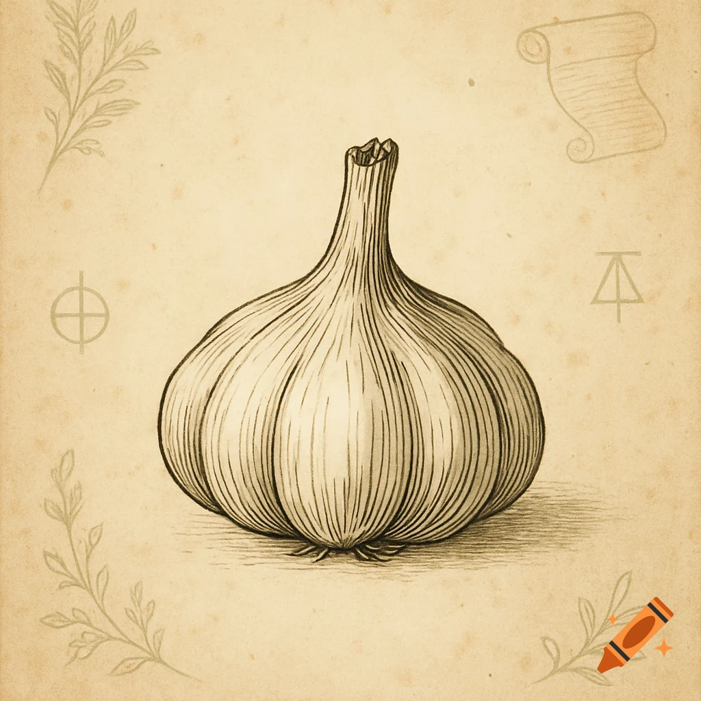 A minimalist vintage ink illustration of a single garlic bulb on a textured parchment background with faint alchemical symbols.