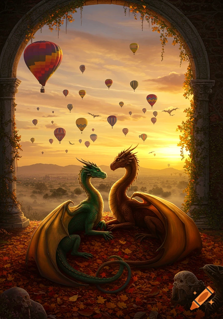 Two dragons, one green and one brown, rest under an ancient stone archway on a bed of fall leaves. Behind them, numerous hot air balloons float across a vibrant sunset sky over a misty valley, with small winged creatures flying among them.
