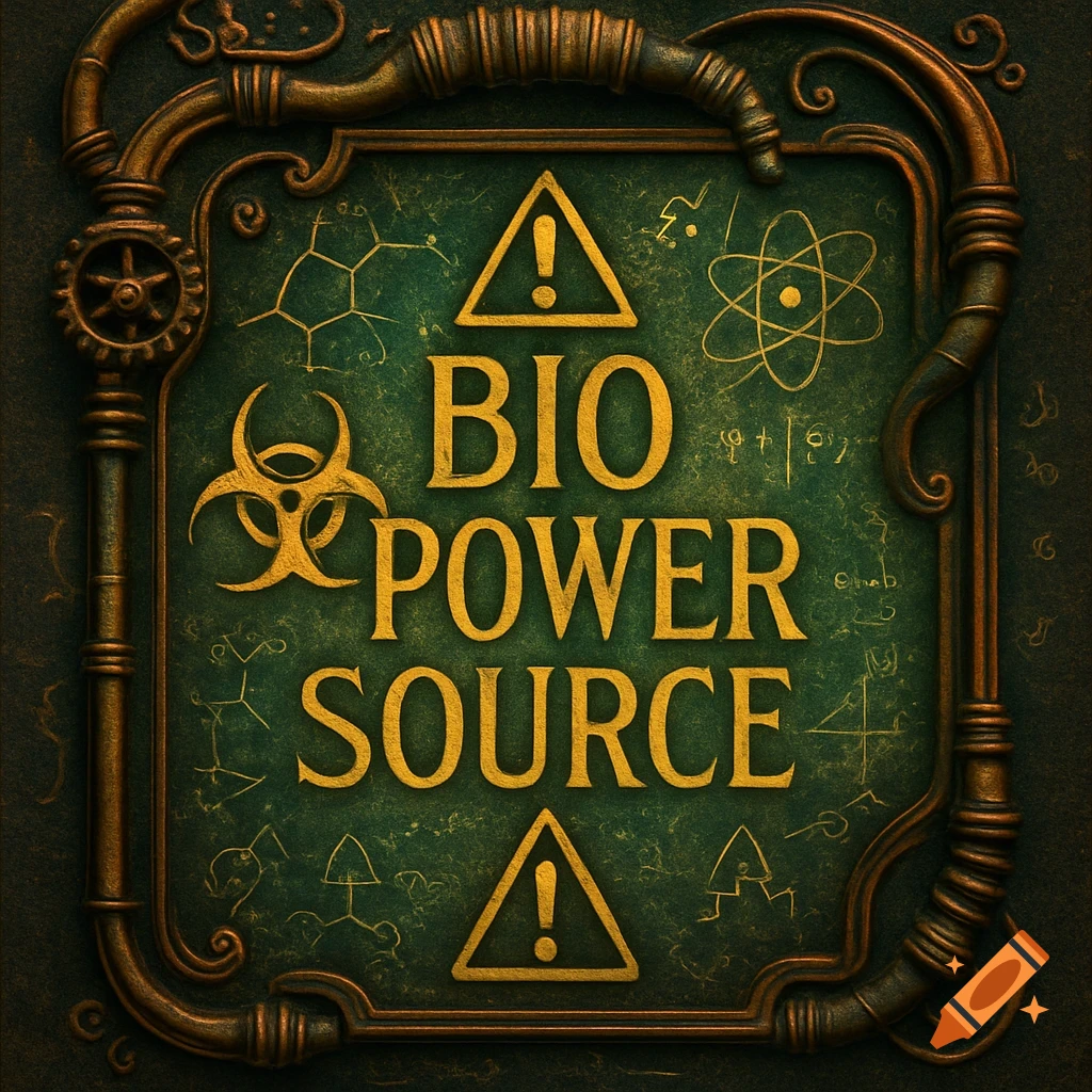 A steampunk-style label with gold text 'BIO POWER SOURCE', warning triangles, and a biohazard symbol on a dark green background with scientific drawings.
