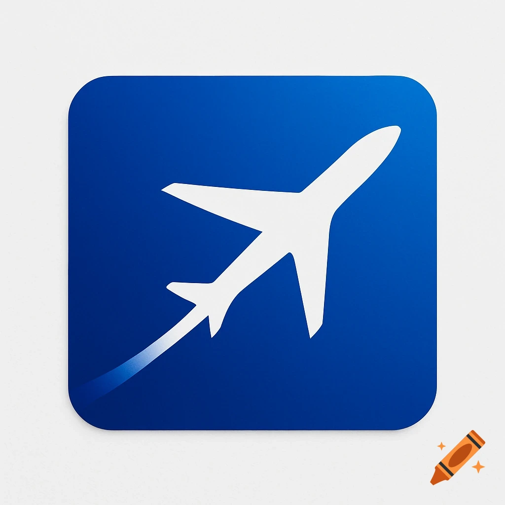 A blue rounded square logo featuring a white silhouette of an airplane ascending, leaving a faint blue trail.