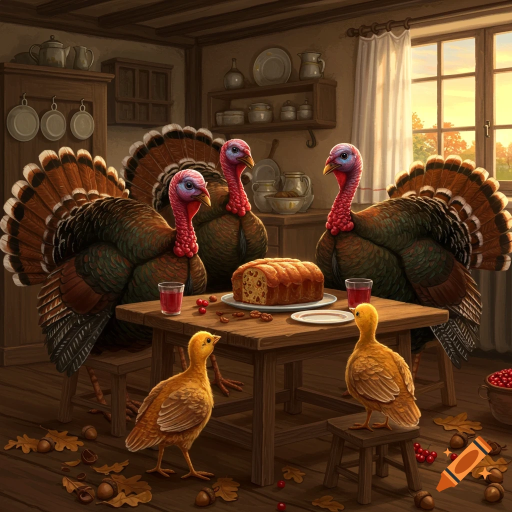 Illustrated scene of three turkeys and two chicks enjoying a nutloaf dinner at a wooden table in a rustic kitchen.