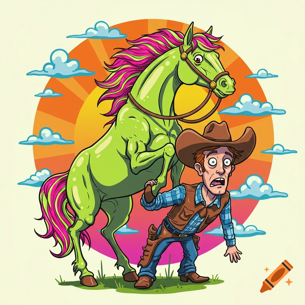 A startled cowboy stands below a rearing green horse, depicted in a vibrant cartoon tattoo style with a sun and clouds.
