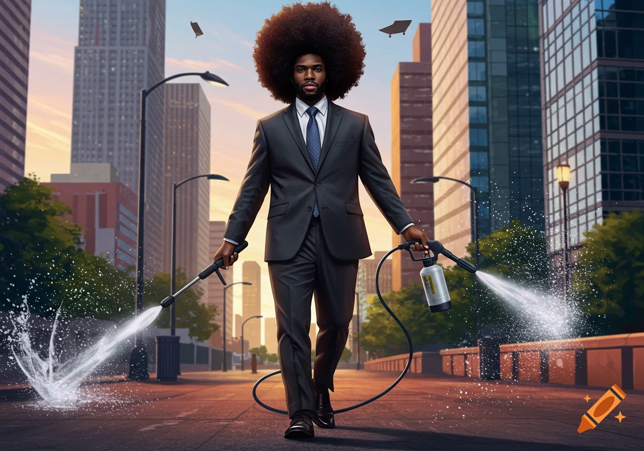 A Black man with an afro in a business suit walks down a city street at sunset, spraying water from two pressure washers, with flat objects floating above.