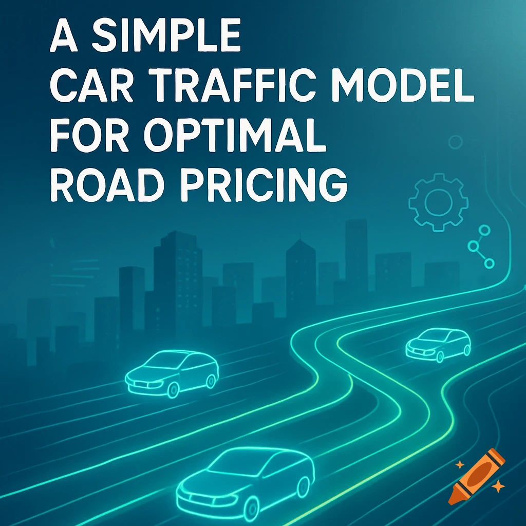 Abstract illustration of glowing roads with cars, a city skyline, and text 'A SIMPLE CAR TRAFFIC MODEL FOR OPTIMAL ROAD PRICING'.
