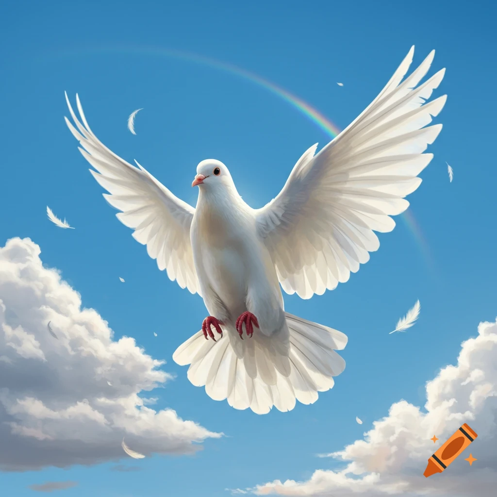 A white dove with outstretched wings flies against a bright blue sky, with fluffy white clouds and a faint rainbow visible.