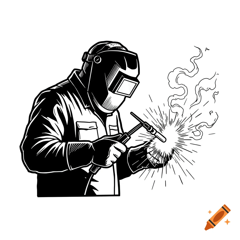 Black and white illustration of a welder in a helmet and gloves, welding with sparks and smoke.