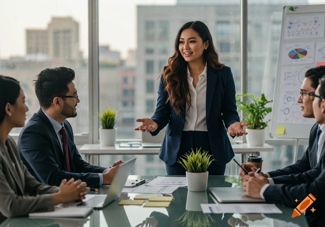A woman in a navy suit presents to colleagues around a conference table in a bright office with a city view.