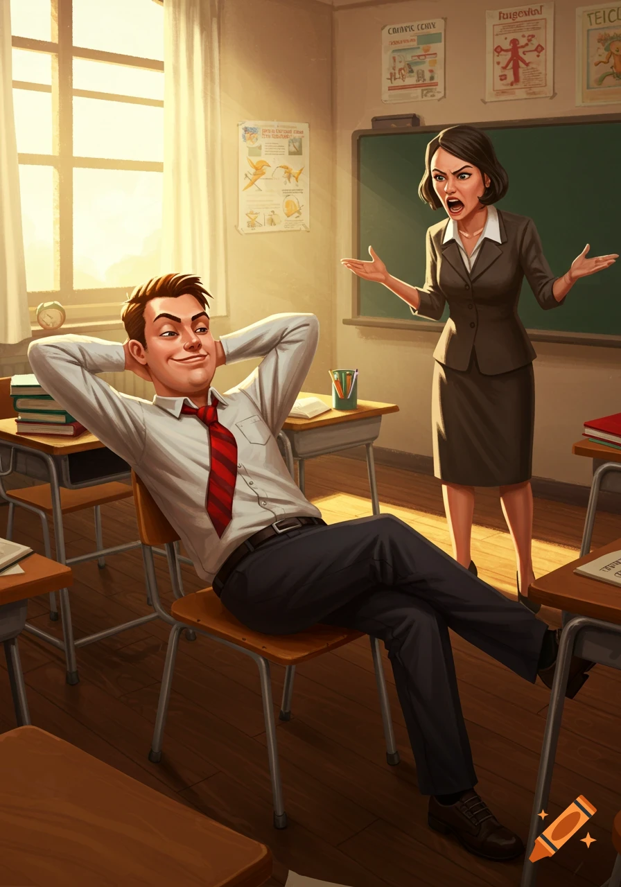 A smirking male student leans back in his chair as an angry female teacher scolds him in a brightly lit classroom, illustration.