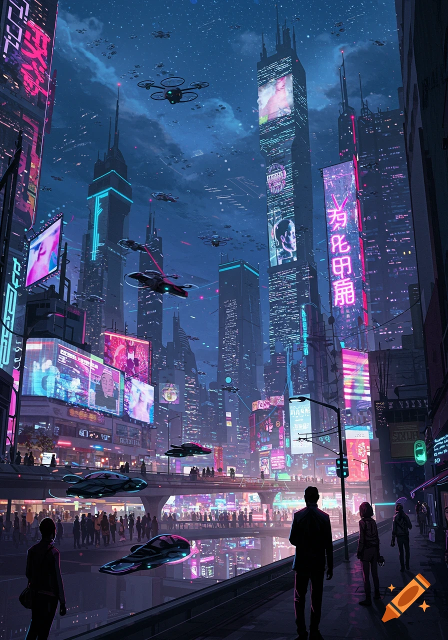 A vibrant, neon-lit futuristic cyberpunk city with tall skyscrapers, flying vehicles, and crowded streets at night.