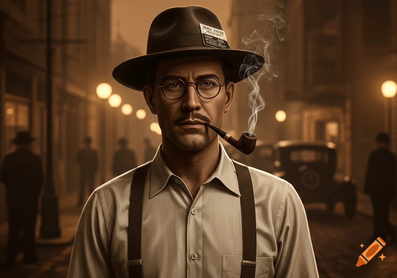 Photorealistic portrait of a 1940s journalist with a fedora, round glasses, and suspenders, smoking a pipe on a foggy street.