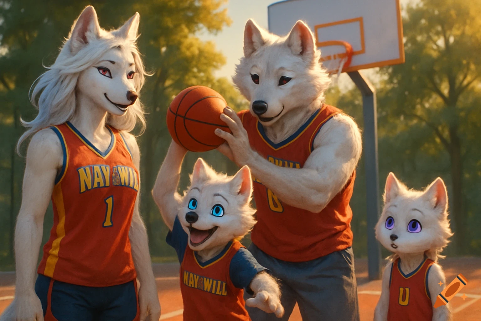 An anthropomorphic wolf family, parents and two cubs, play basketball on an outdoor court under a sunny sky.