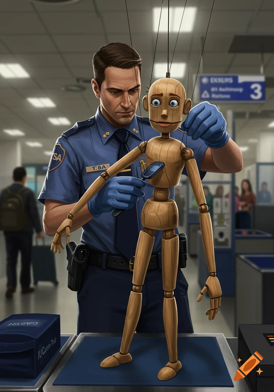A TSA agent in blue gloves inspects a wooden puppet with a scanner at an airport security checkpoint.