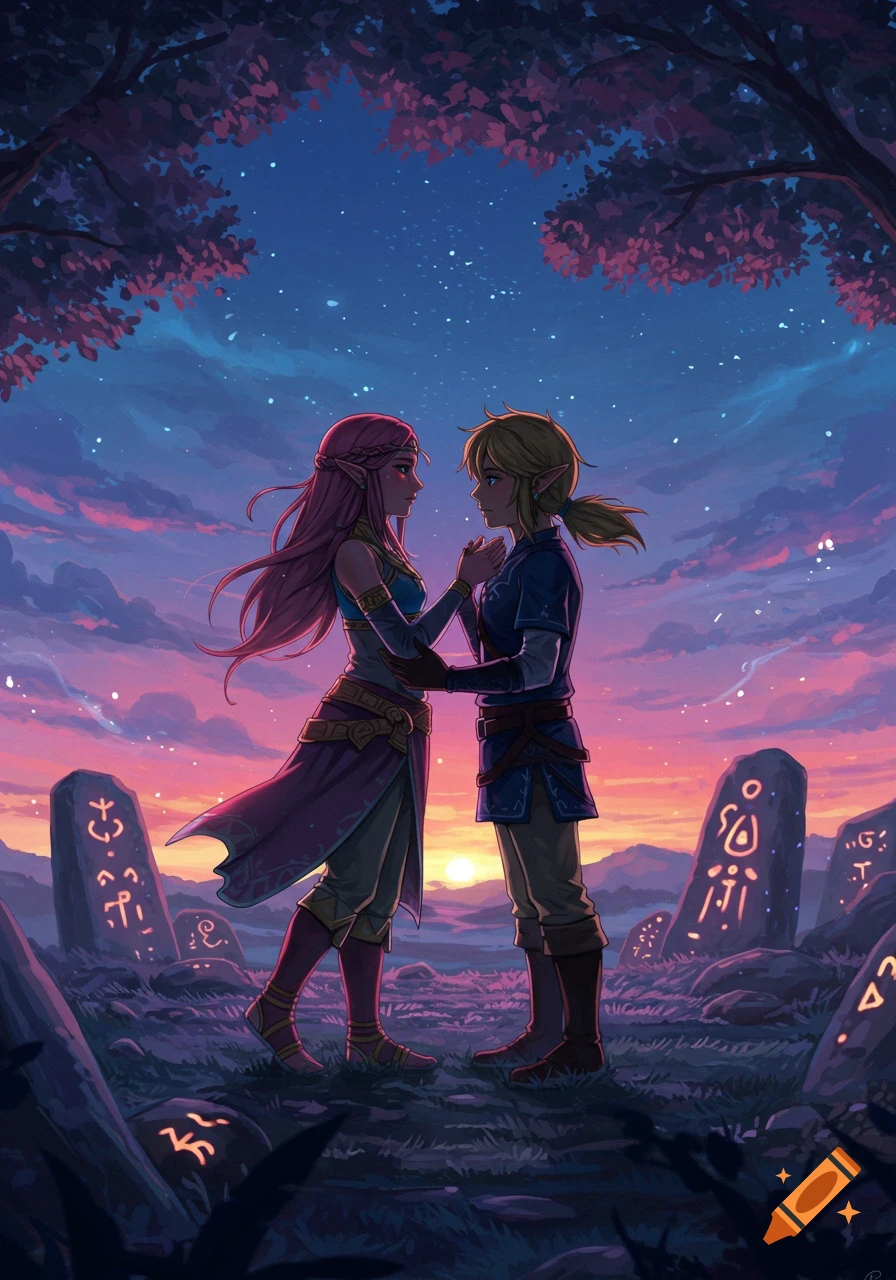 Two elven-like fantasy characters, a woman with pink hair and a man with blonde hair, hold hands in a field of glowing runic stones under a dramatic sunset sky in an illustrated style.