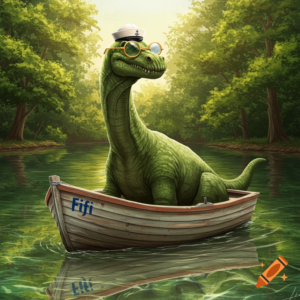 A cute green dinosaur wearing a sailor hat and round glasses sits in a small boat named 'Fifi' on a river amidst green trees.