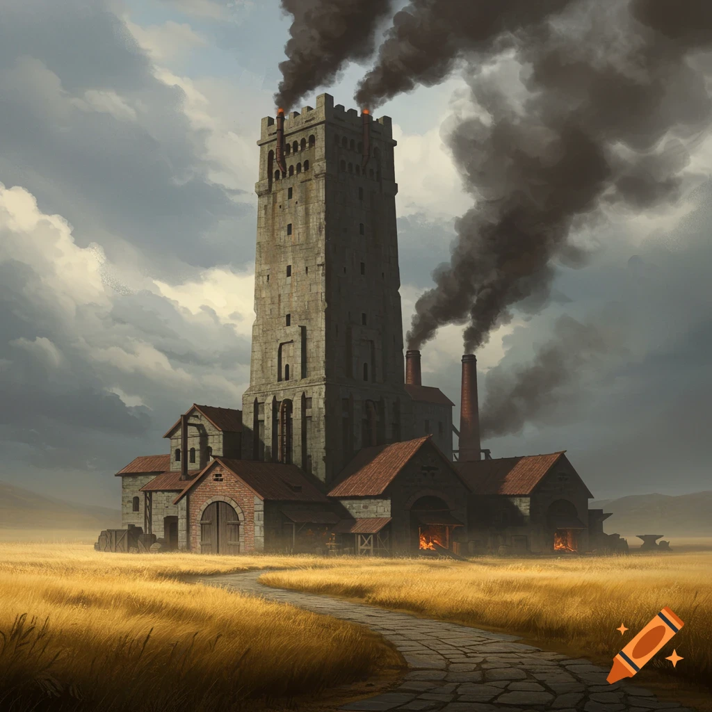 A tall stone tower with smoking chimneys and adjacent forge buildings with glowing fires, a path through a golden field.