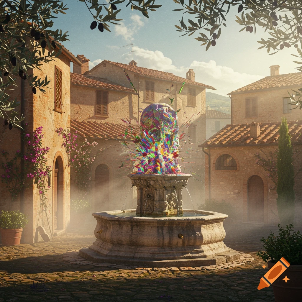 A colorful, melting abstract sculpture erupts from a stone fountain in a sunlit Italian village square.