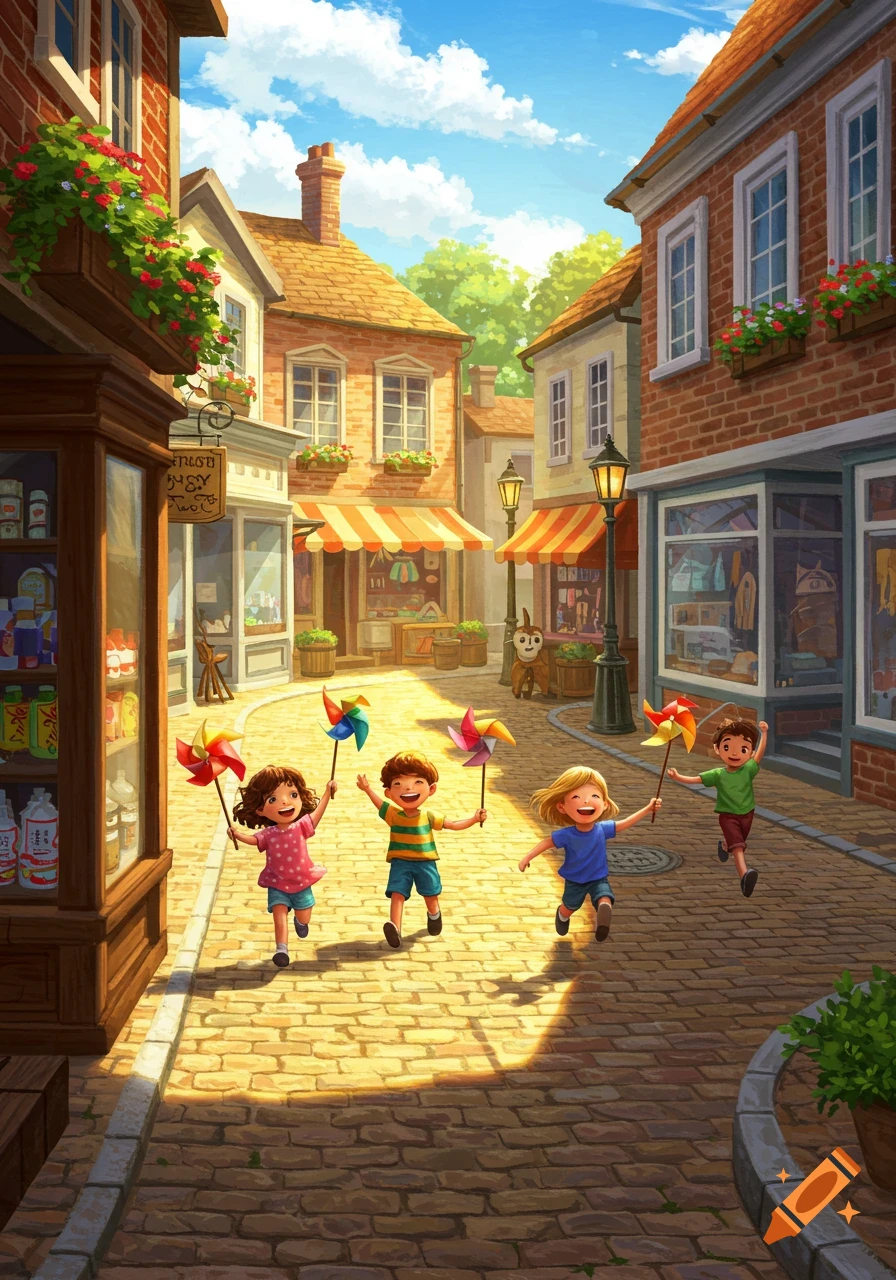 Four joyful children run down a sunny, cobblestone street in a charming town, holding colorful pinwheels. Illustrated style.