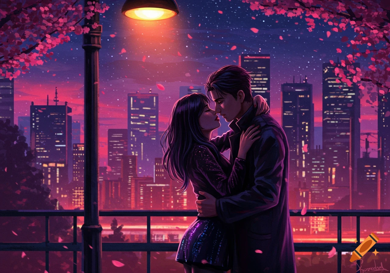 Anime couple embracing under a street lamp with cherry blossoms falling, overlooking a vibrant city at night.