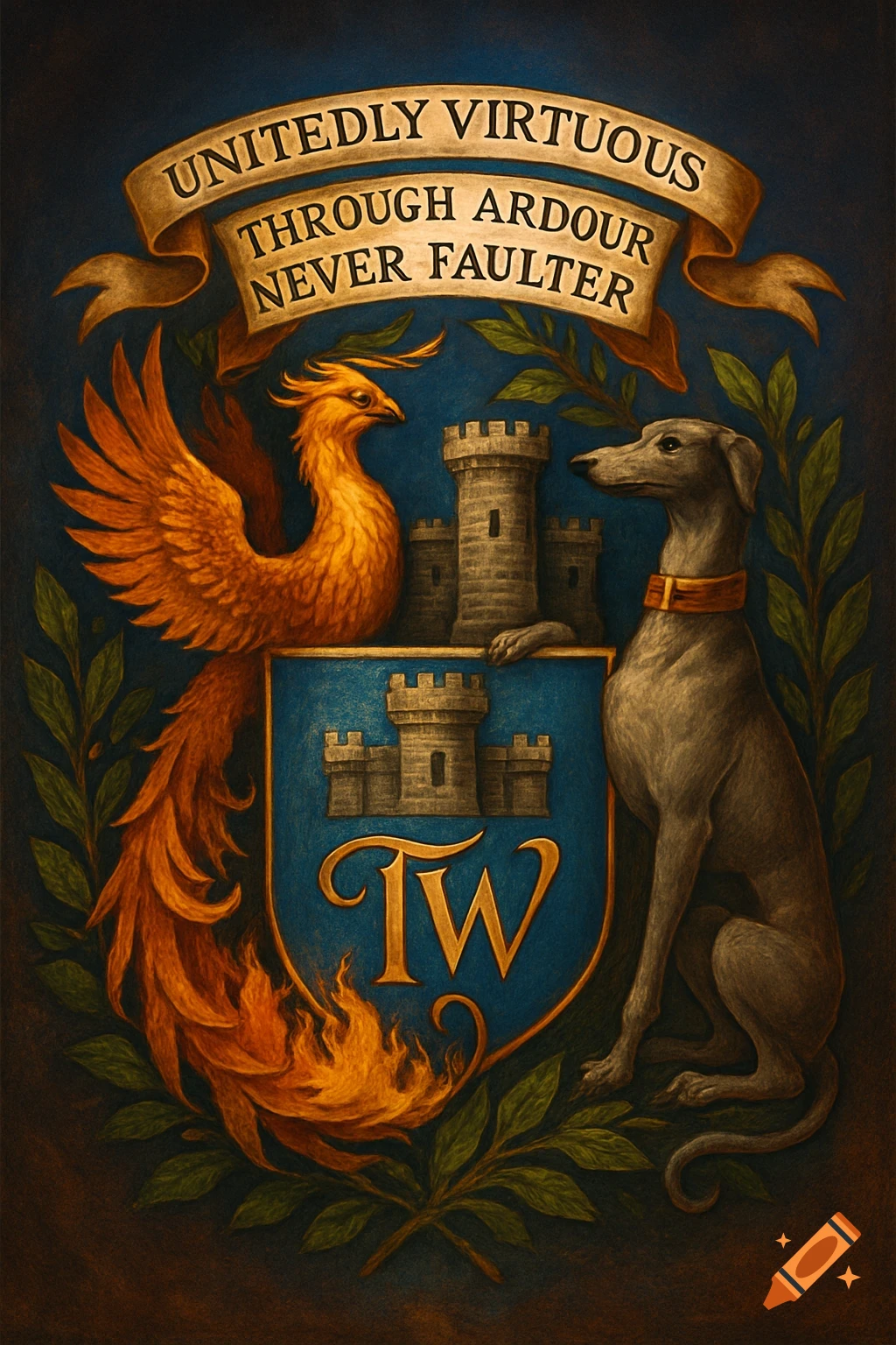 A painted coat of arms with a phoenix, a greyhound, a blue shield with castles and initials TW, and a banner reading 'UNITEDLY VIRTUOUS THROUGH ARDOUR NEVER FAULTER'.