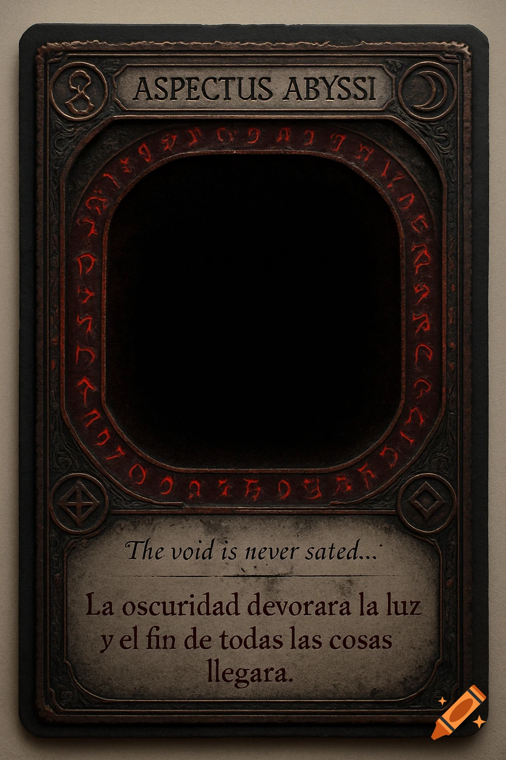 An ornate, dark fantasy card with a black rectangular center. The card has a bronze, corroded frame with red glowing runes, and text in Latin and Spanish.