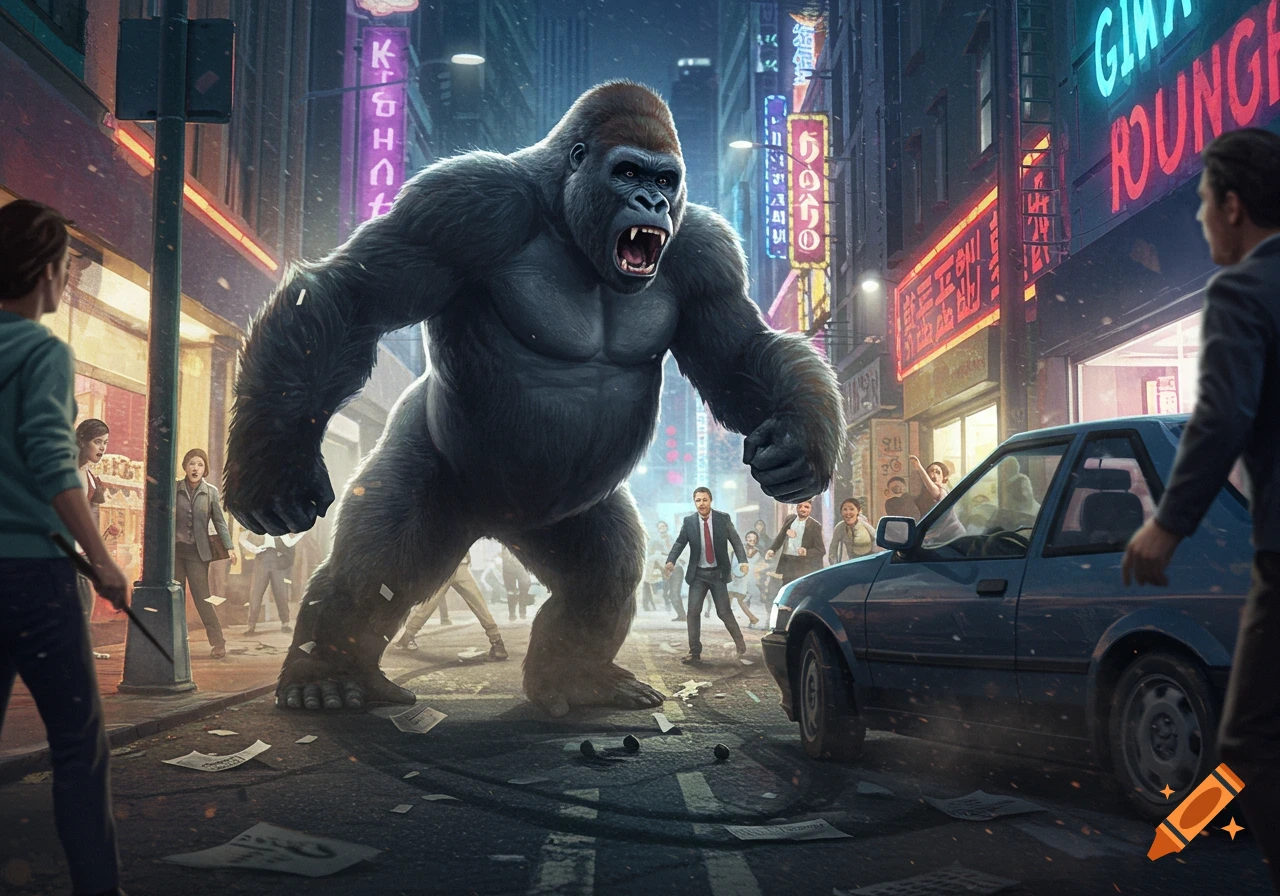 A giant roaring gorilla stands in a neon-lit city street, causing people to flee past a blue car, in a dramatic, photorealistic style.