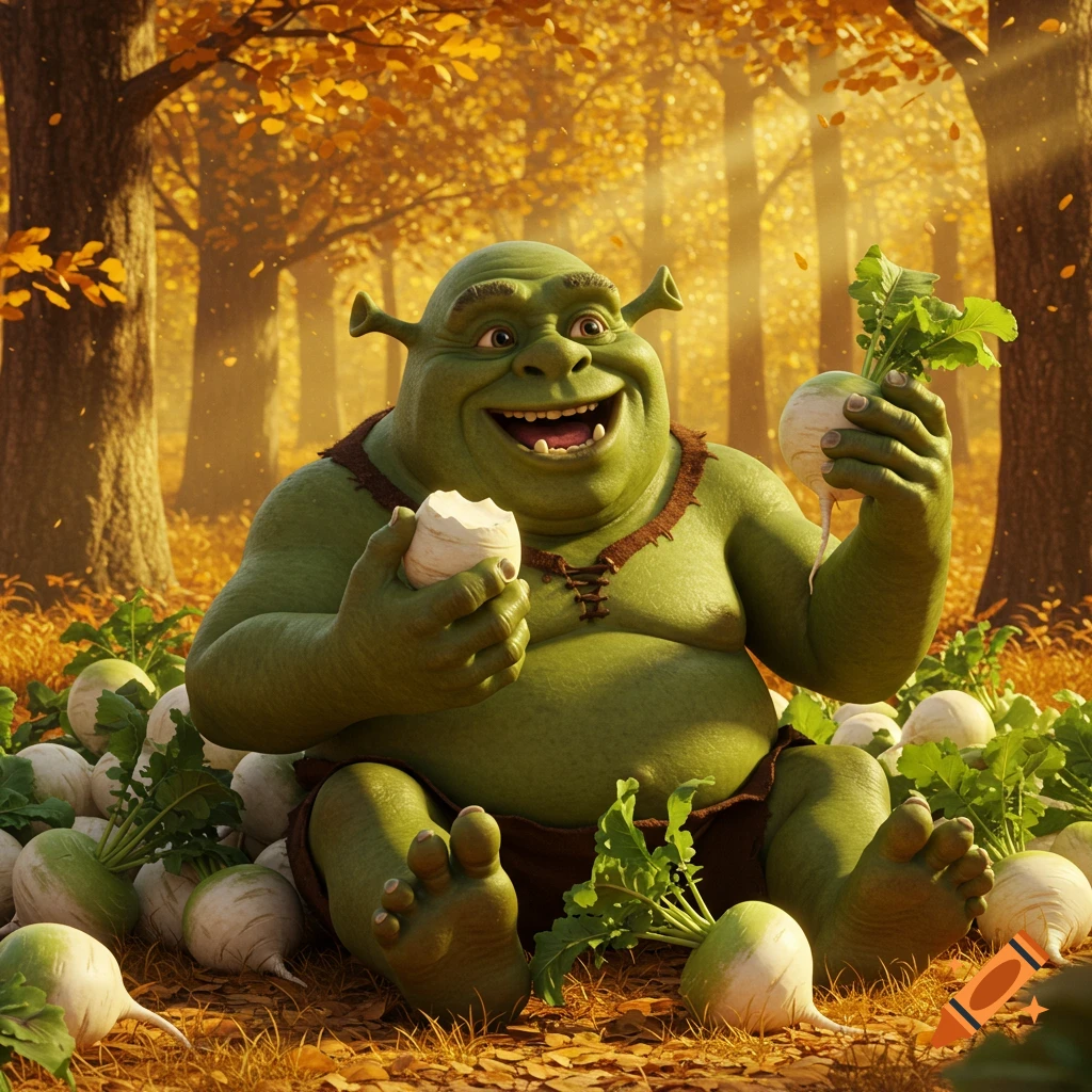 A smiling green ogre, Shrek, sits in a golden autumn forest, holding and eating turnips with more around him.