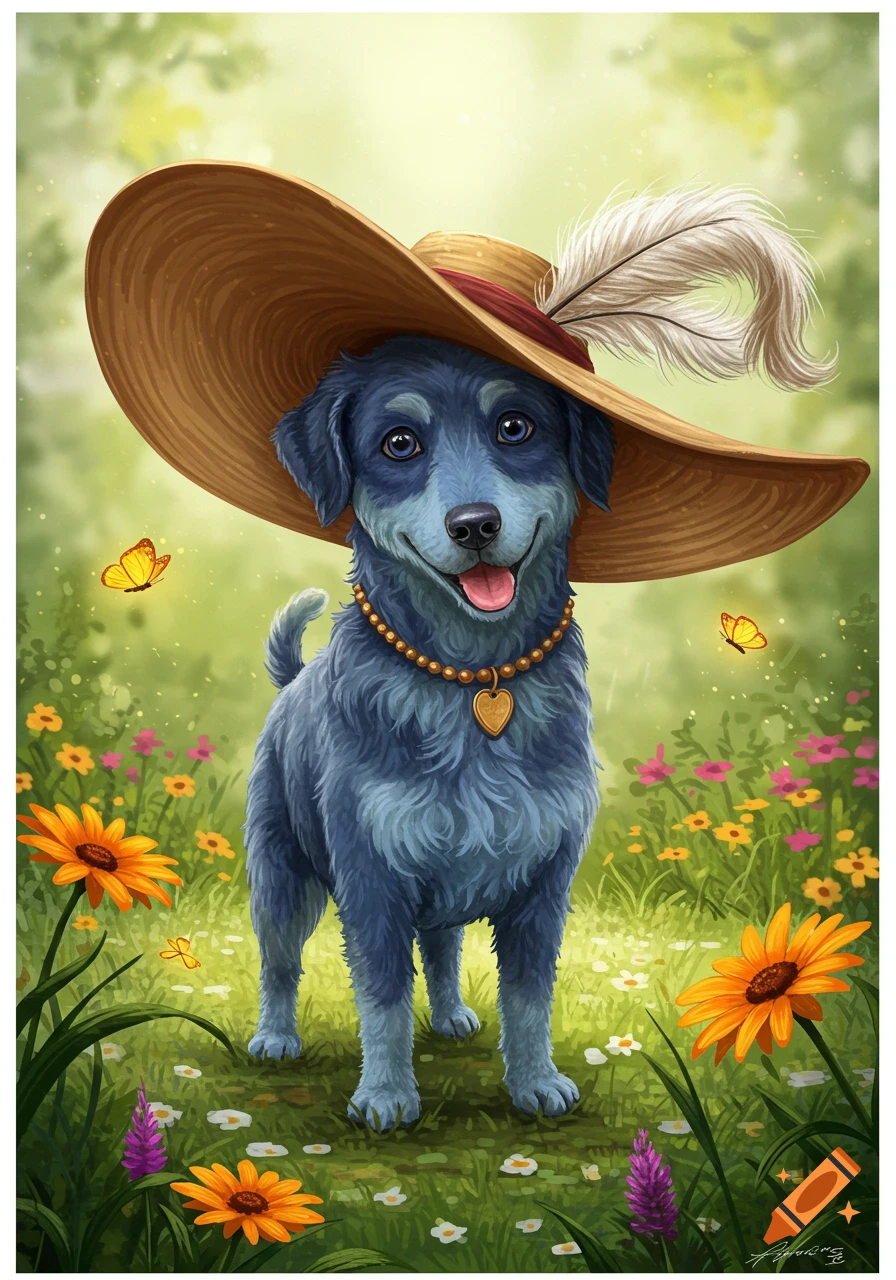 A stylized blue dog wearing a large straw hat with a feather and a gold heart pendant necklace stands in a vibrant field of colorful flowers with butterflies.