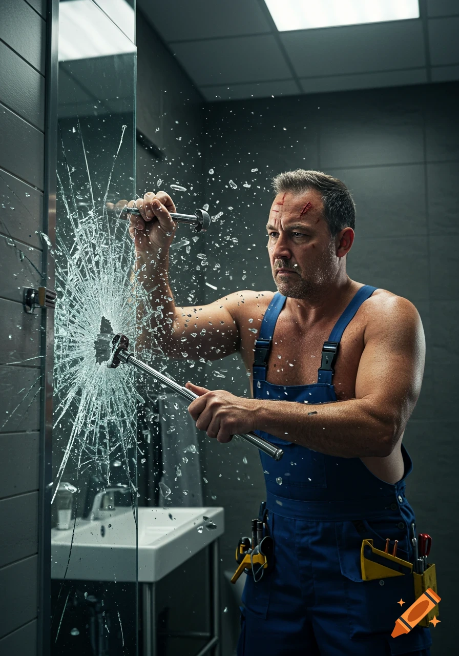 A muscular maintenance technician in blue overalls breaks a bathroom glass door with a tool, glass shards flying, with minor scratches on his forehead, photorealistic.