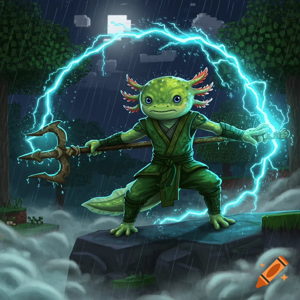 A green axolotl-man ninja stands in a rainy Minecraft forest, holding a lightning-shooting trident in a dynamic pose.