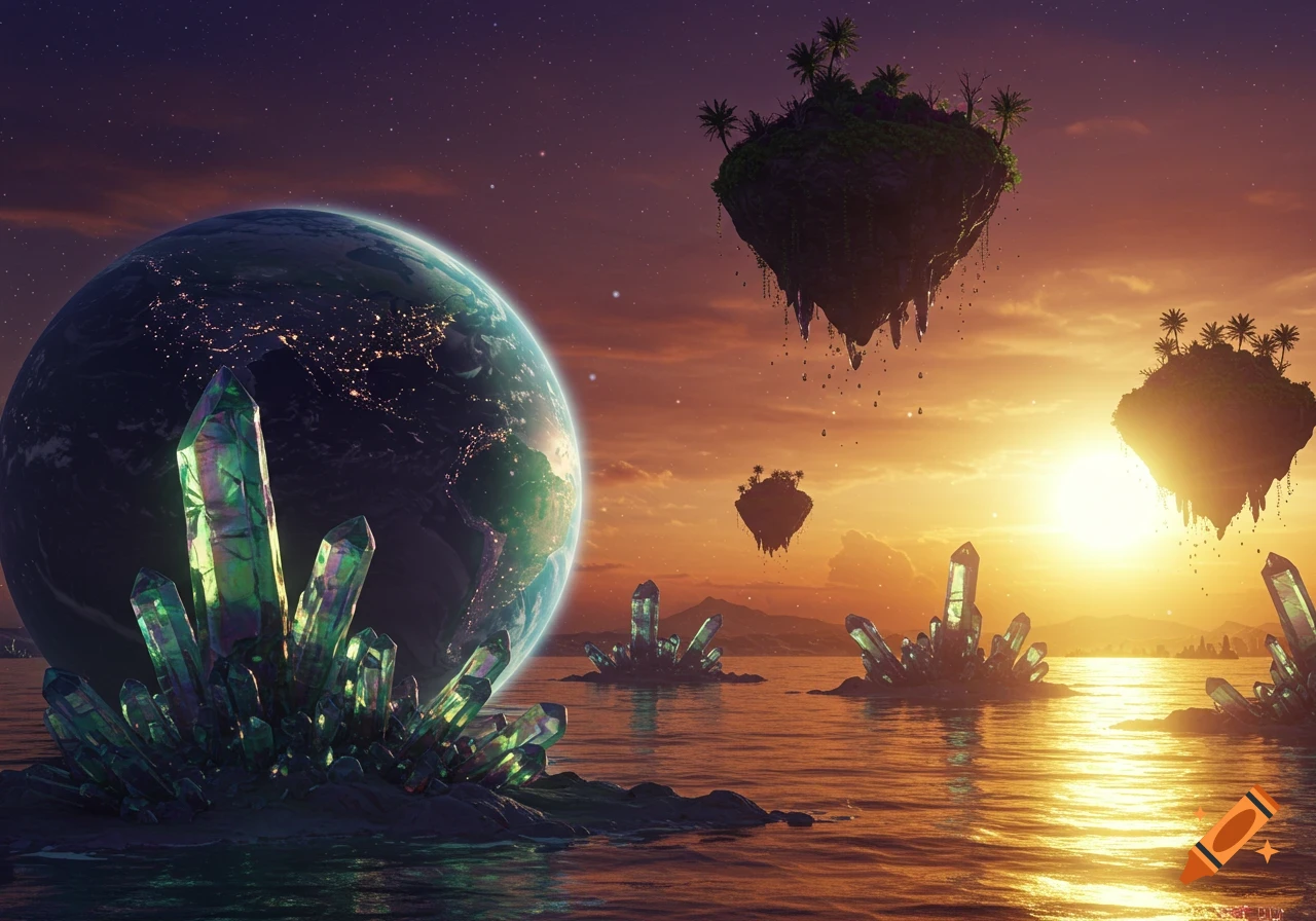 A surreal fantasy landscape with a large Earth-like planet, glowing green crystals in the water, and floating islands under a sunset sky.