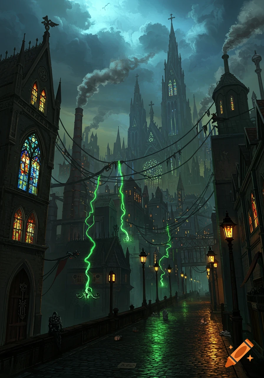 A dark gothic city with towering cathedrals, industrial factories, and green lightning zapping between buildings at night.