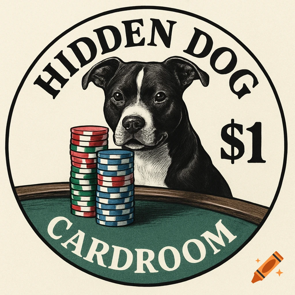 Illustration of a black and white pit bull at a poker table with chips, text 'Hidden Dog Cardroom $1' in a circular logo.